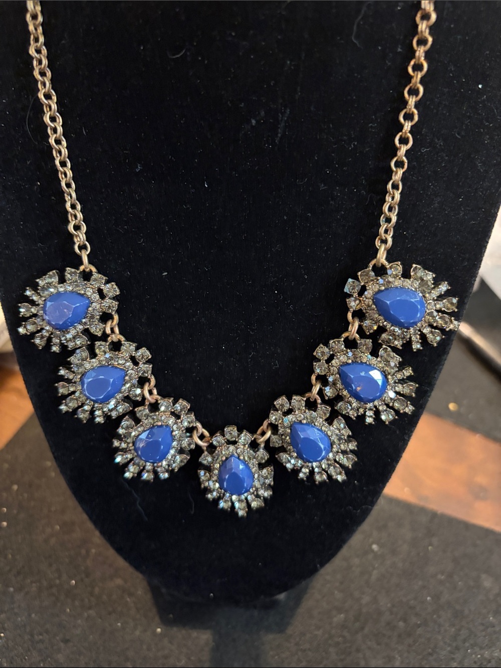 Stella & Ruby Gold-Tone Necklace with Blue Teardrop Stones and Crystal Halo